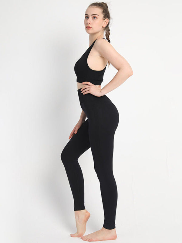 Women’s Seamless Dotted Two-piece Peach Hip Trousers Racerback Bra Vest Sports Suit - Black / S