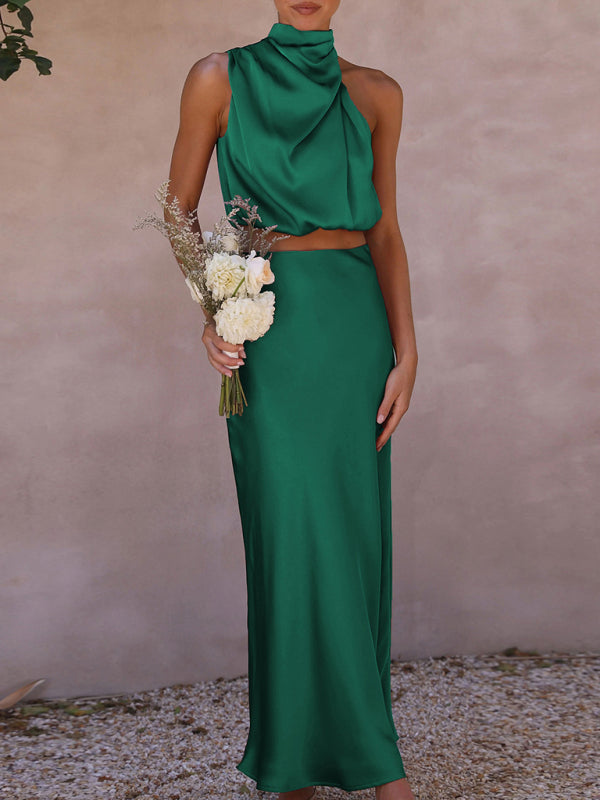 Women’s sexy bib top drape skirt elegant two-piece set - Deep green / S