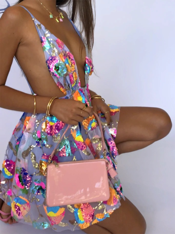 Women’s Sexy Deep V Backless Sequin Floral Strappy Short Dress