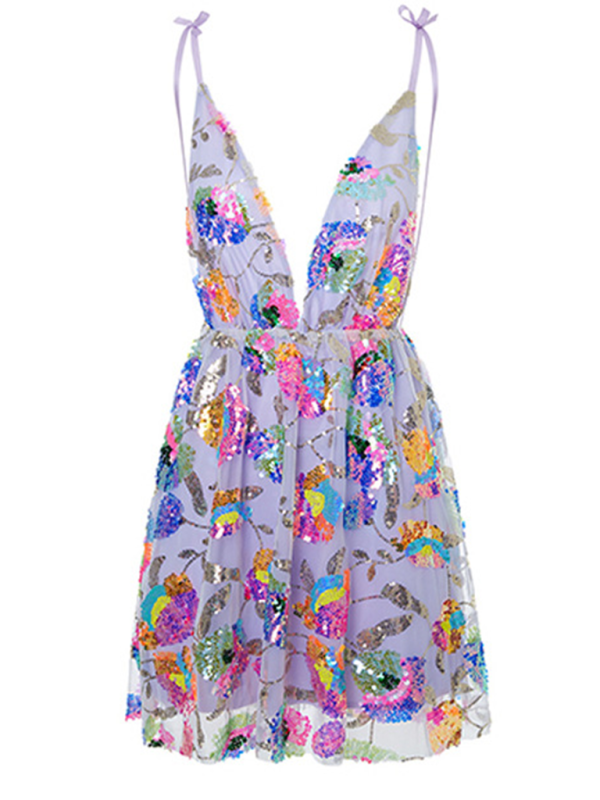Women’s Sexy Deep V Backless Sequin Floral Strappy Short Dress