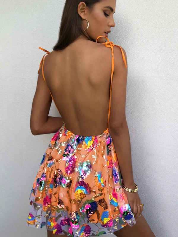 Women’s Sexy Deep V Backless Sequin Floral Strappy Short Dress