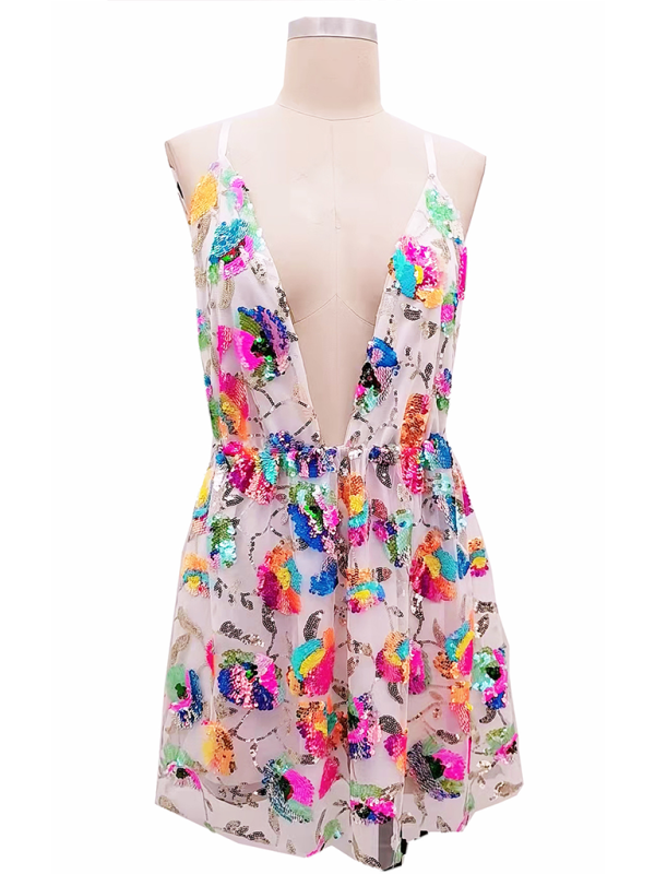 Women’s Sexy Deep V Backless Sequin Floral Strappy Short Dress