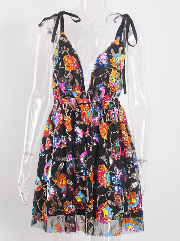 Women’s Sexy Deep V Backless Sequin Floral Strappy Short Dress - Black / S