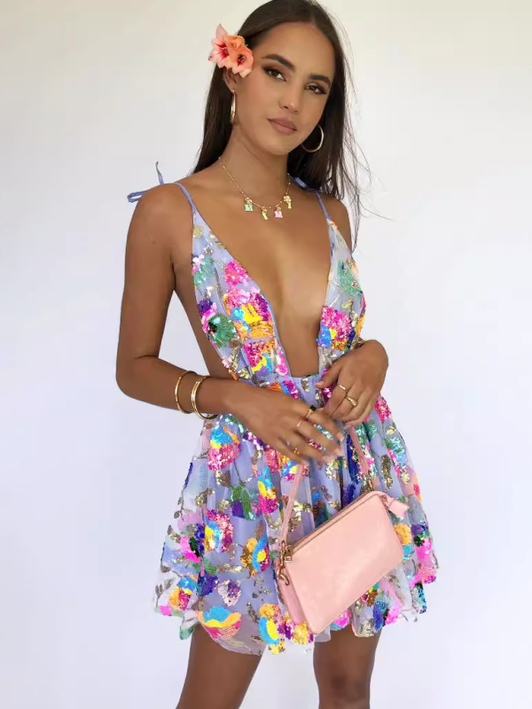 Women’s Sexy Deep V Backless Sequin Floral Strappy Short Dress - Purple / S