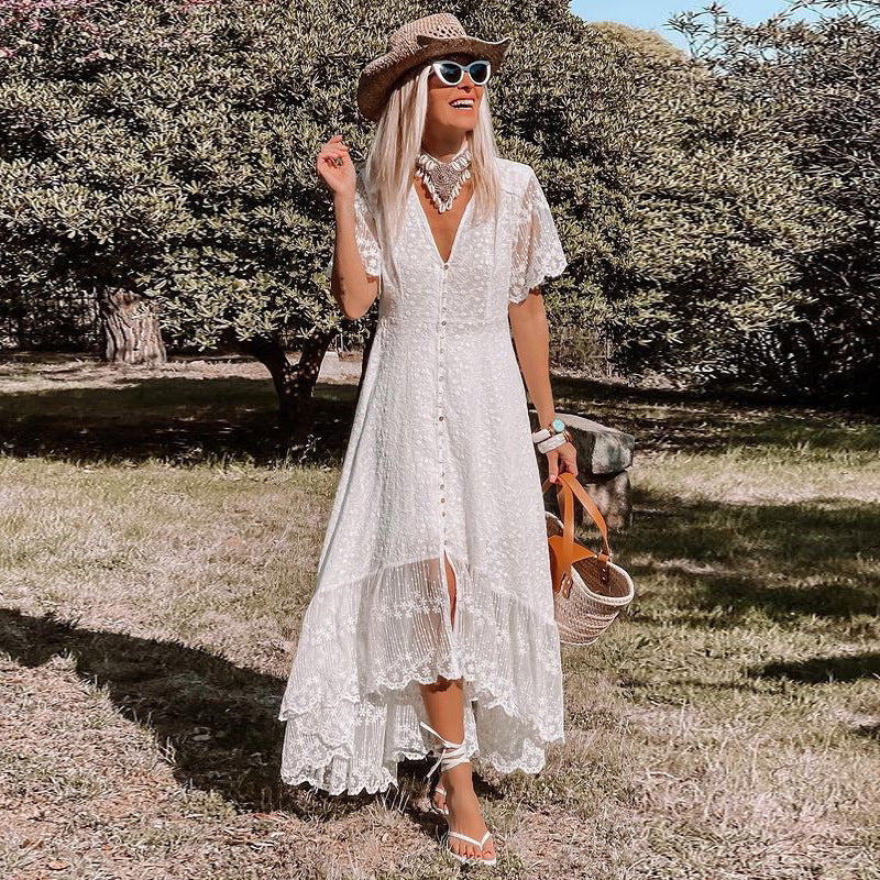 Women’s Sexy Elegant Deep V Long Sleeve Hollow Beach Dress - Raw white off white / S