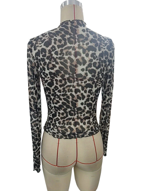 Women’s Sexy Leopard Print Mesh Ruffle Bodysuit T-shirt Top