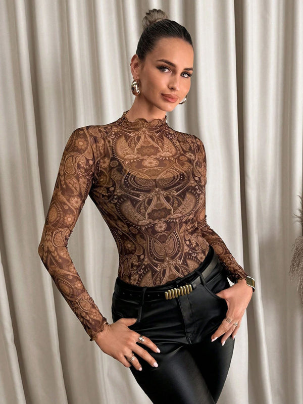 Women’s Sexy Leopard Print Mesh Ruffle Bodysuit T-shirt Top