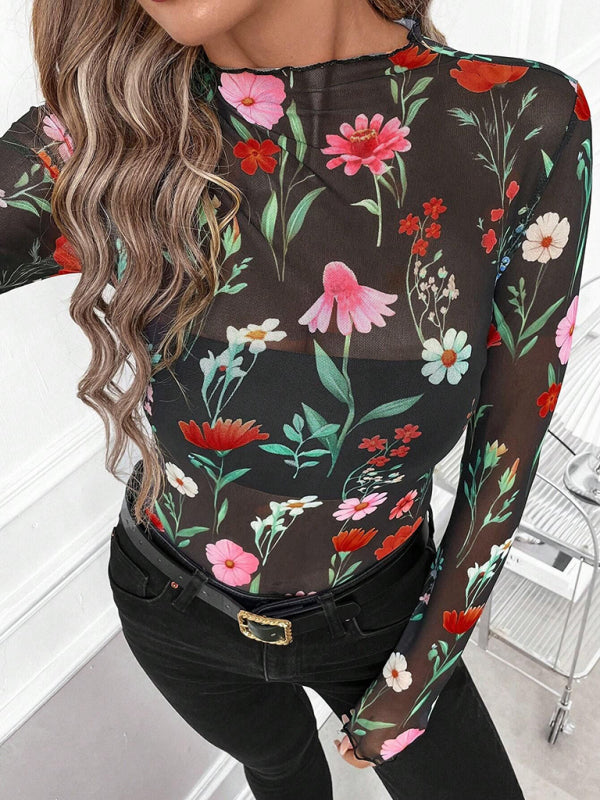 Women’s Sexy Leopard Print Mesh Ruffle Bodysuit T-shirt Top