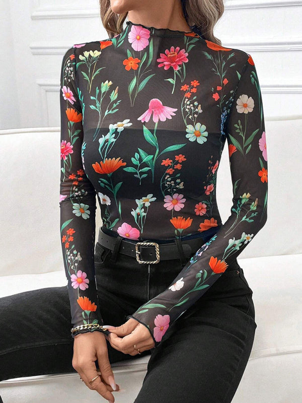 Women’s Sexy Leopard Print Mesh Ruffle Bodysuit T-shirt Top