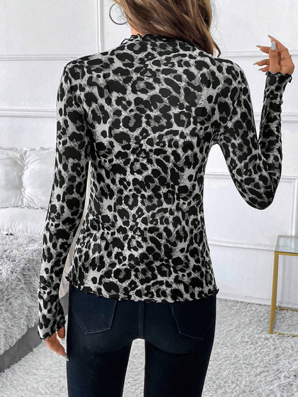 Women’s Sexy Leopard Print Mesh Ruffle Bodysuit T-shirt Top