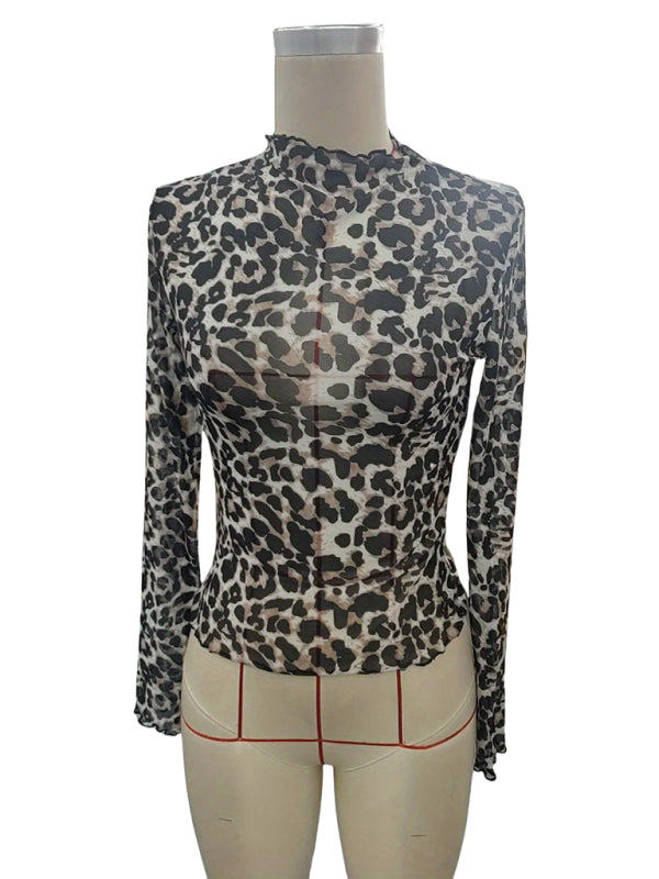 Women’s Sexy Leopard Print Mesh Ruffle Bodysuit T-shirt Top
