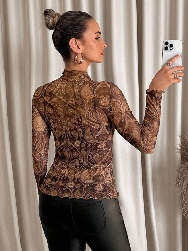 Women’s Sexy Leopard Print Mesh Ruffle Bodysuit T-shirt Top
