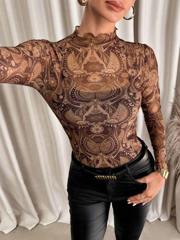 Women’s Sexy Leopard Print Mesh Ruffle Bodysuit T-shirt Top - Coffee / S