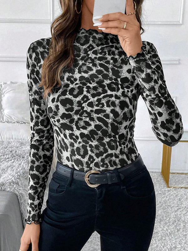 Women’s Sexy Leopard Print Mesh Ruffle Bodysuit T-shirt Top - Grey / S