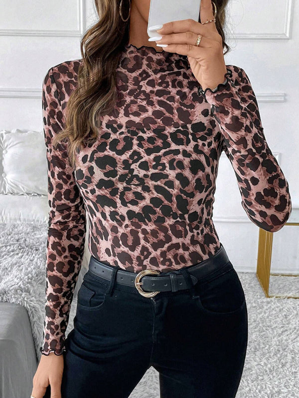 Women’s Sexy Leopard Print Mesh Ruffle Bodysuit T-shirt Top - Pink / S