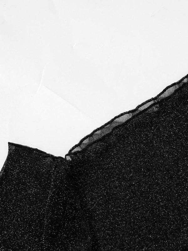 Women’s sexy oblique shoulder long-sleeved mesh see-through crop top