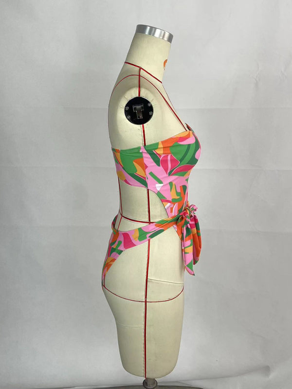 Women’s sexy printed belted one-piece bikini