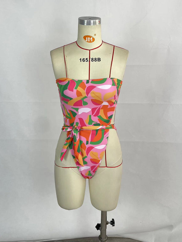 Women’s sexy printed belted one-piece bikini