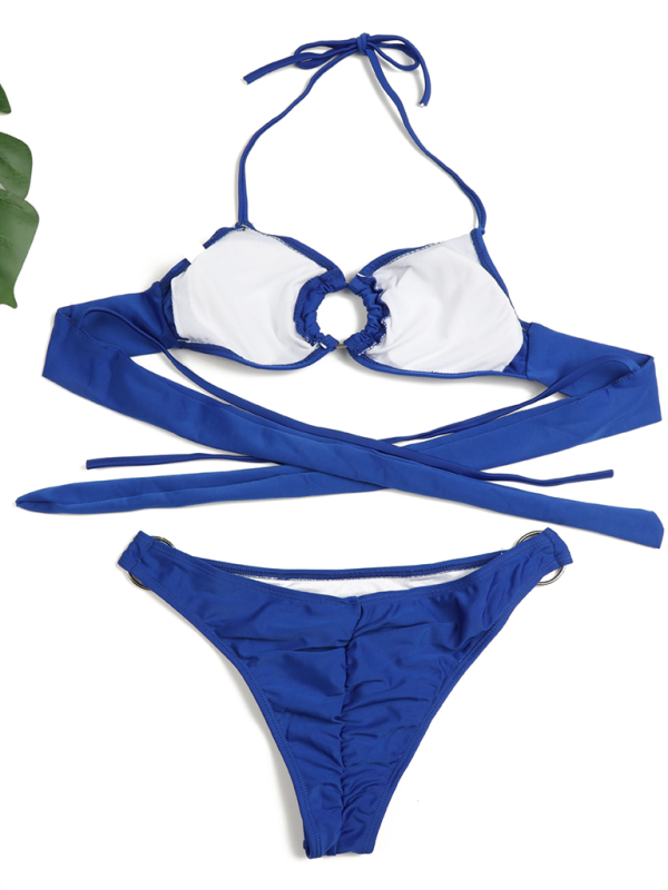 Women’s Sexy Ring Two-Piece Swimsuit Solid Color Gathered Bikini