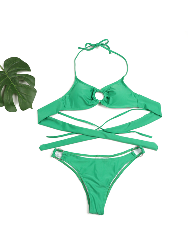 Women’s Sexy Ring Two-Piece Swimsuit Solid Color Gathered Bikini