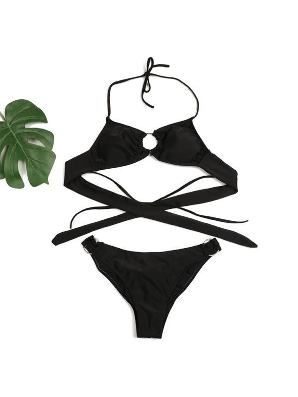 Women’s Sexy Ring Two-Piece Swimsuit Solid Color Gathered Bikini