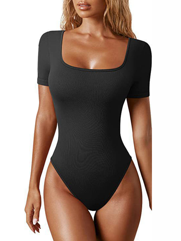 women’s sexy square collar short sleeves bodysuit - Black / S