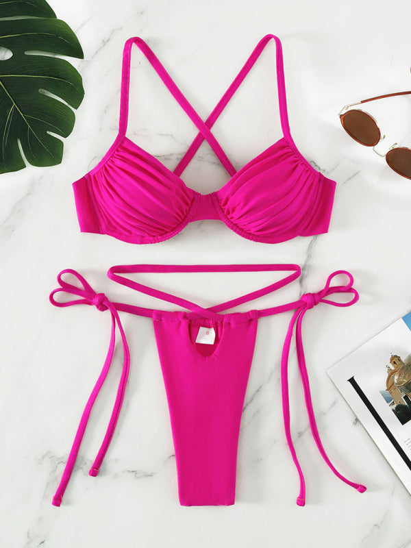 Women’s sexy strappy split underwire bikini - Rose / S
