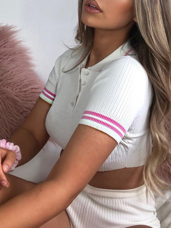 Women’s sexy two-piece cropped short-sleeved sweater and shorts