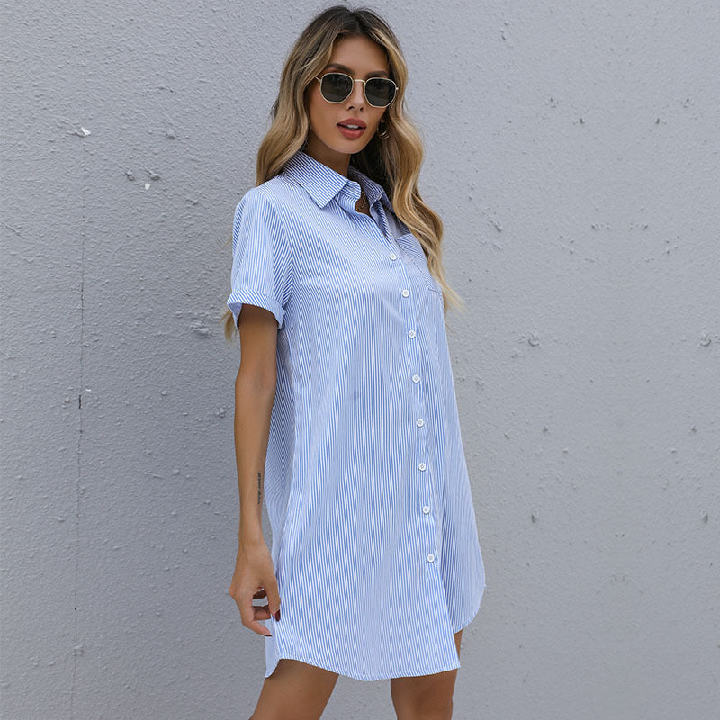 Blue and white striped polyester short sleeve shirt dress with lapel, perfect for daily wear
