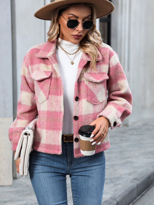 Women’s Short Mohair Plaid Button Jacket