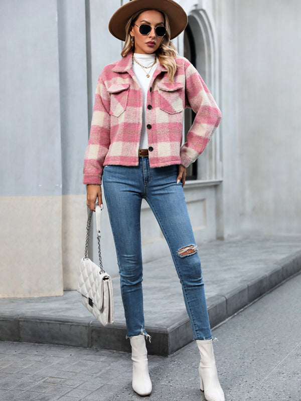Women’s Short Mohair Plaid Button Jacket