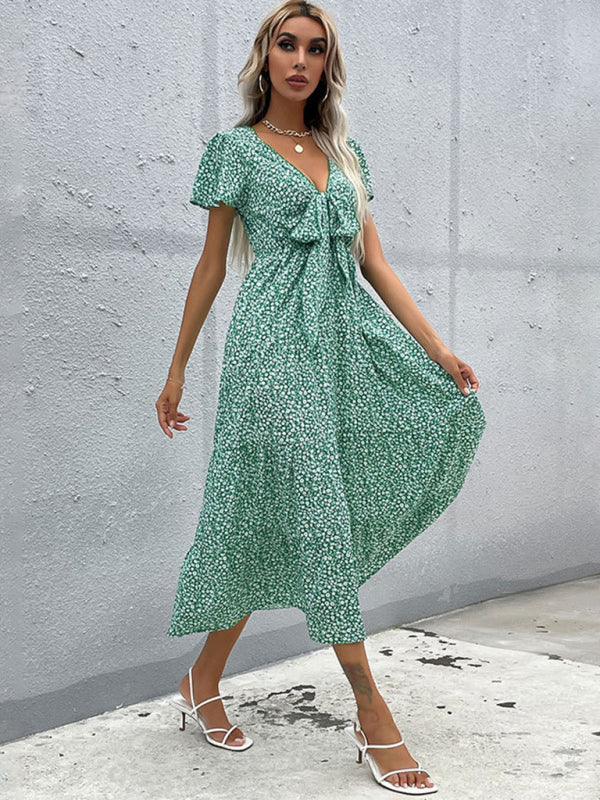 Women’s Short Sleeve Green Print V-Neck Dress