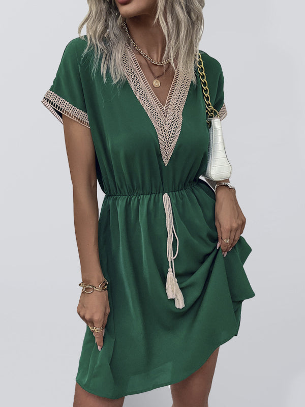 Women’s Short Sleeve Lace Panel Casual Dress - Green / S