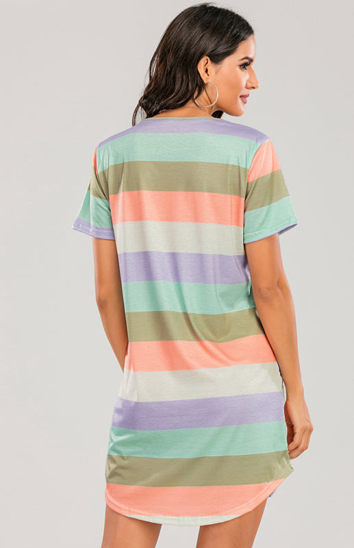 Women’s Short Sleeve Rainbow Striped Loose T-Shirt Pyjama Sets