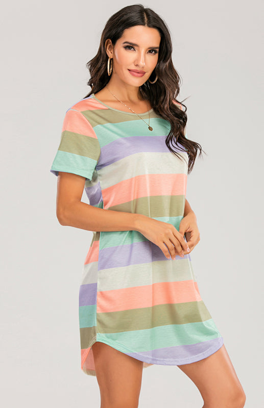Women’s Short Sleeve Rainbow Striped Loose T-Shirt Pyjama Sets