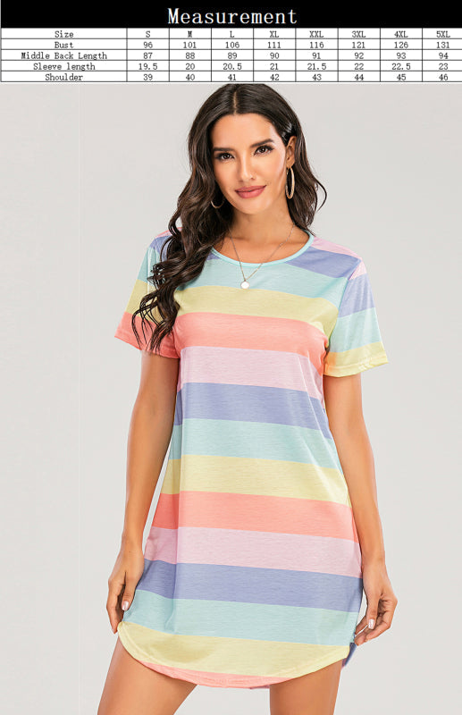 Women’s Short Sleeve Rainbow Striped Loose T-Shirt Pyjama Sets