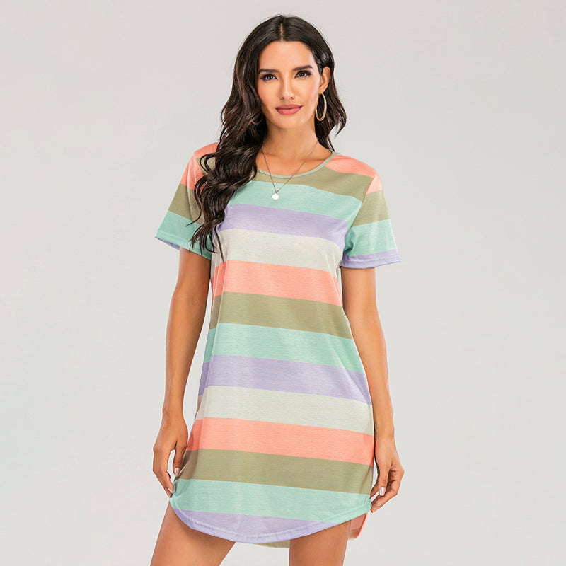Women’s Short Sleeve Rainbow Striped Loose T-Shirt Pyjama Sets - Pink-yellow-green stripes / S