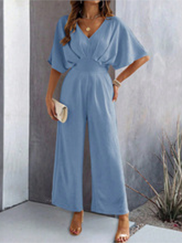 Blue wide-leg jumpsuit for women with short sleeves in a casual, solid color design