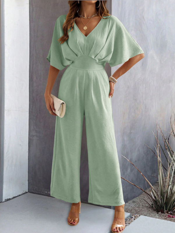Sage green short-sleeved casual wide-leg jumpsuit for women displayed in product image