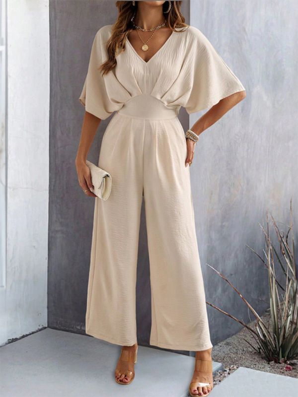 Beige wide-leg casual jumpsuit for women with short sleeves and solid color design