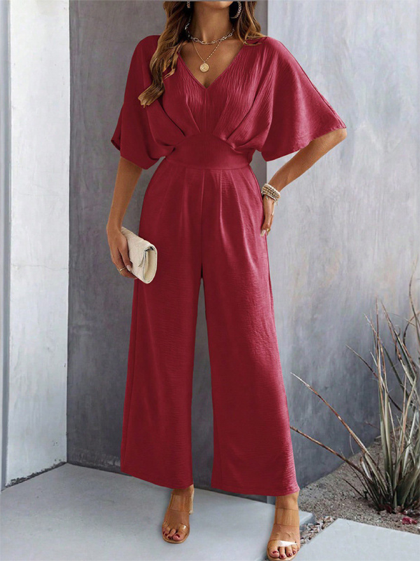 Burgundy wide-leg casual jumpsuit for women with short sleeves and solid color design