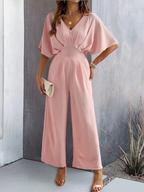 Pink wide-leg casual jumpsuit with short sleeves in solid color for women