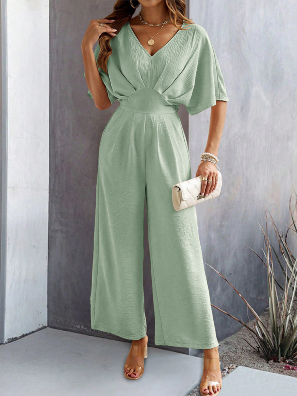 Mint green wide-leg casual jumpsuit with short sleeves, suitable for daily wear