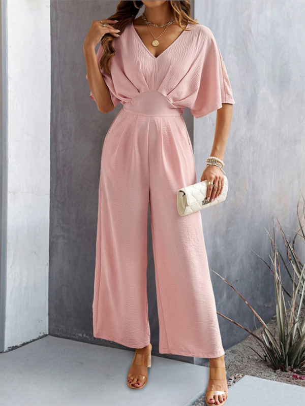 Pink wide-leg jumpsuit from Women’s short-sleeved solid color casual jumpsuit collection