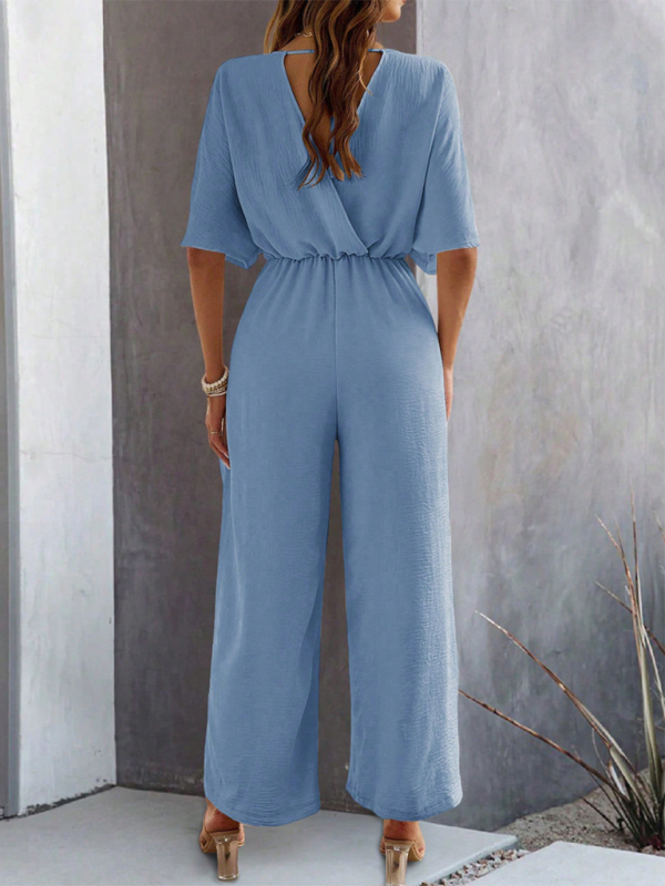 Blue wide-leg jumpsuit for women with short sleeves and casual style