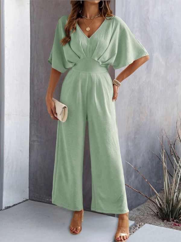 Sage green wide-leg jumpsuit from Women’s short-sleeved solid color casual jumpsuit collection