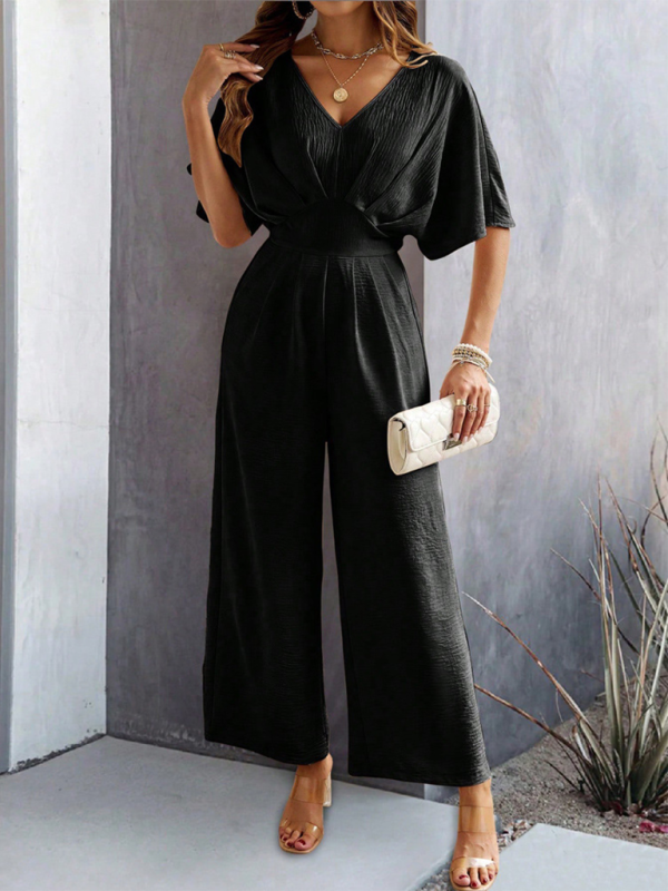 Black wide-leg jumpsuit for women, casual short-sleeved solid color outfit
