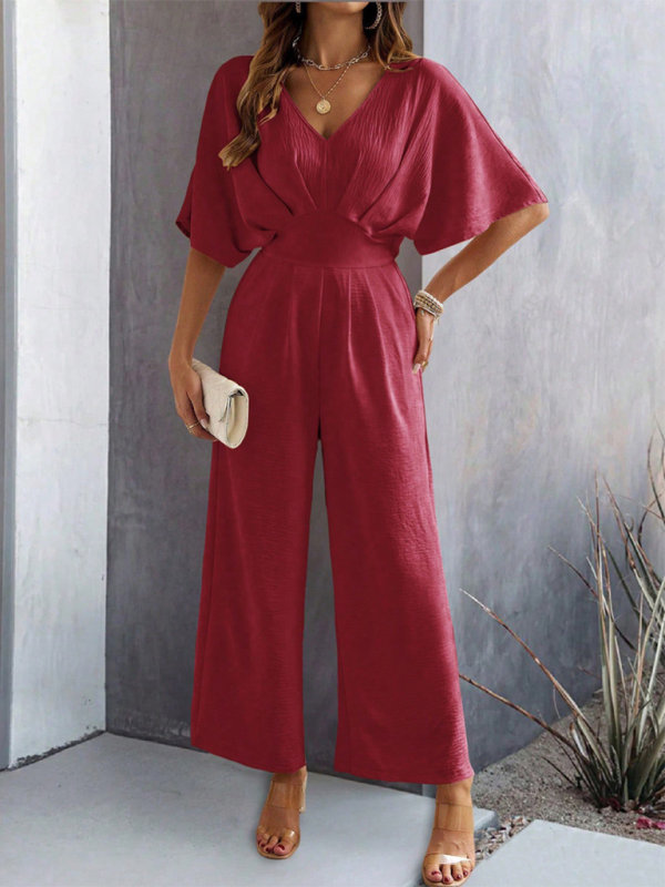 Elegant Burgundy wide-leg jumpsuit for women, short-sleeved casual wide-leg style