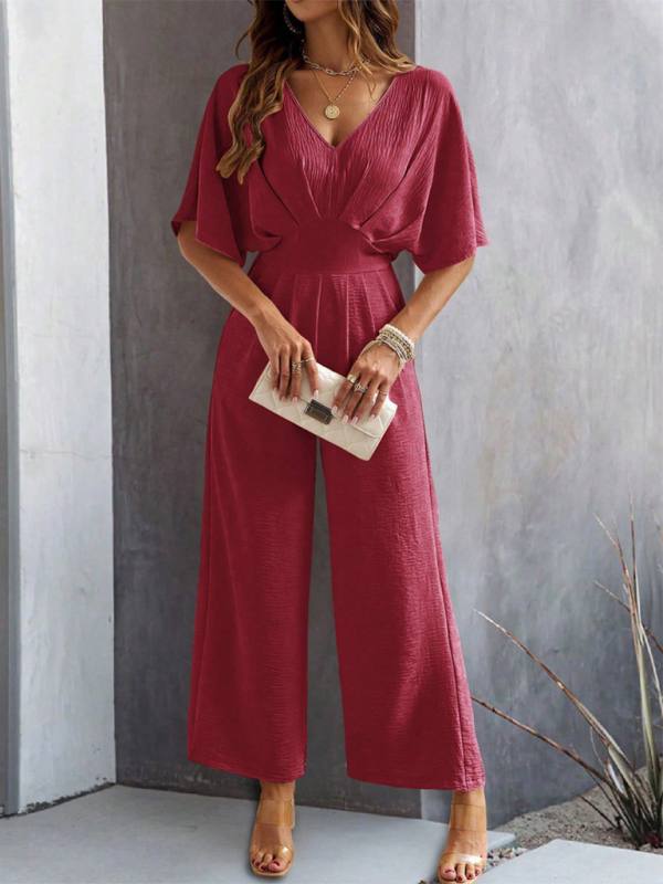 Burgundy wide-leg casual jumpsuit with short sleeves for women displayed in product image