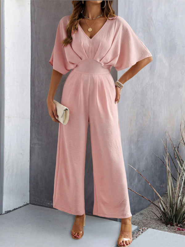 Pink wide-leg jumpsuit for women featuring short sleeves and casual style